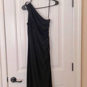 Betsy and Adam black one shoulder evening gown